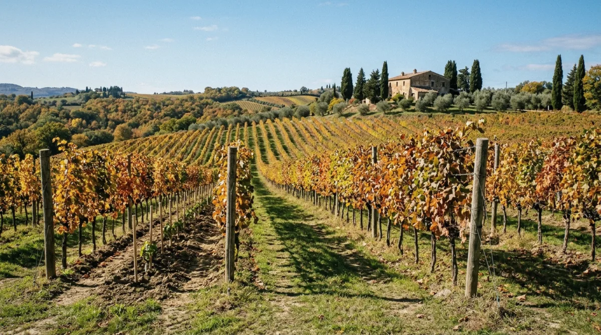 Autumn colour in the Chianti vine rows in October, the quieter half of the harvest season near Florence