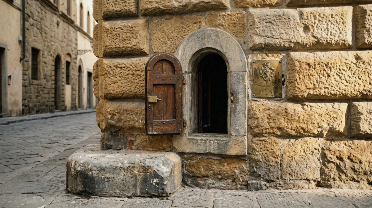 A small arched buchetta del vino wine window in a Florence palazzo wall, marked with the association's brass plaque