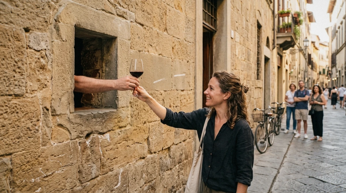 An evening queue at a working wine window on Via di Santo Spirito in Florence, where wine is served to the street