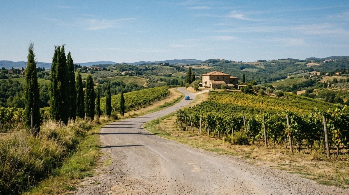 A country road through Chianti vineyards near Greve, the route for visiting Chianti from Florence without a tour