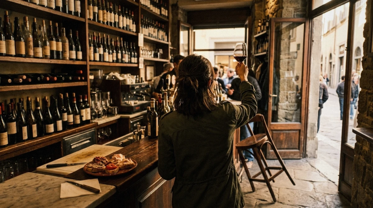 A glass of Sangiovese poured at an enoteca counter in central Florence, the cheapest way to taste Tuscan wine in the city