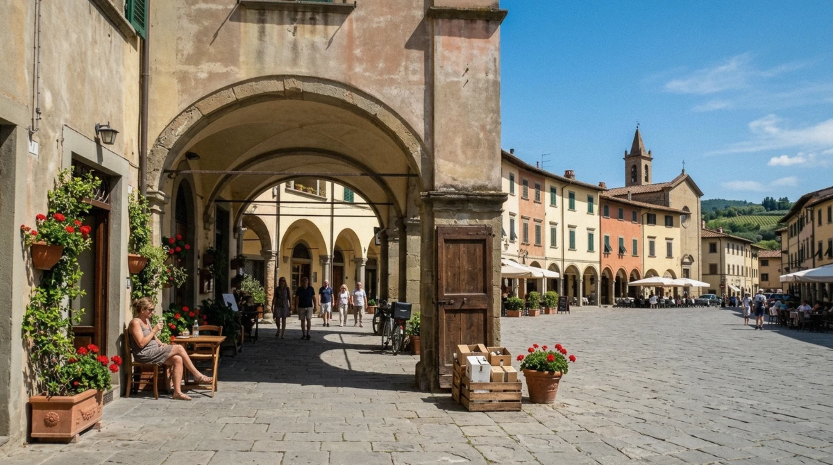 The arcaded market square of Greve in Chianti, the stop for visiting Chianti from Florence by bus