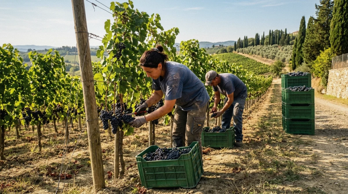 Pickers cutting Sangiovese bunches during the vendemmia in Chianti, the best time of year for wine tasting near Florence
