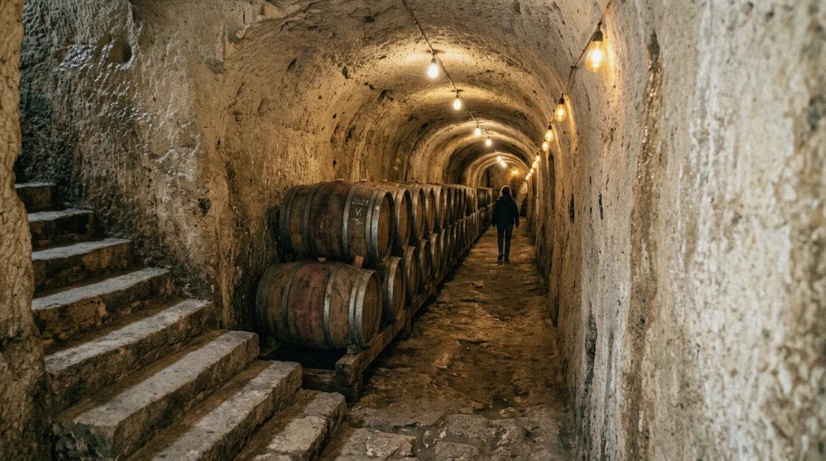 An underground cellar cut into the tufa beneath Montepulciano, visited on a Val d'Orcia wine day from Florence
