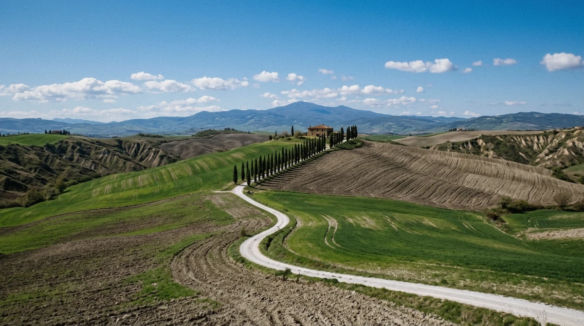 Vineyards and cypresses in the Val d'Orcia, one of the three Tuscan wine regions reachable from Florence