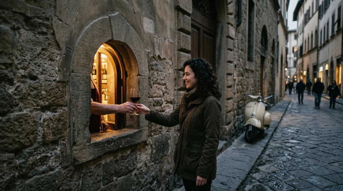 A glass of red wine passed through a historic buchetta del vino wine window in a Florence street at dusk